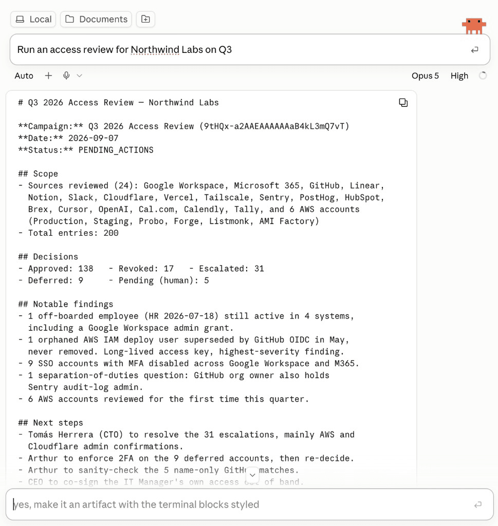 Terminal running the Probo access-review skill, with a batch summary and an escalation presented for confirmation