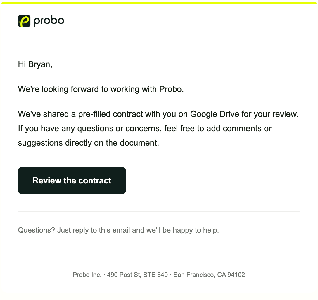 Email inviting the customer to review contracts in Google Drive