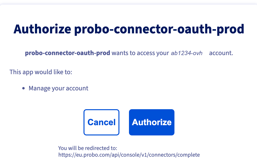 OVHcloud authorization screen showing the Probo client name, the account handle, the Manage your account permission, and the Authorize button