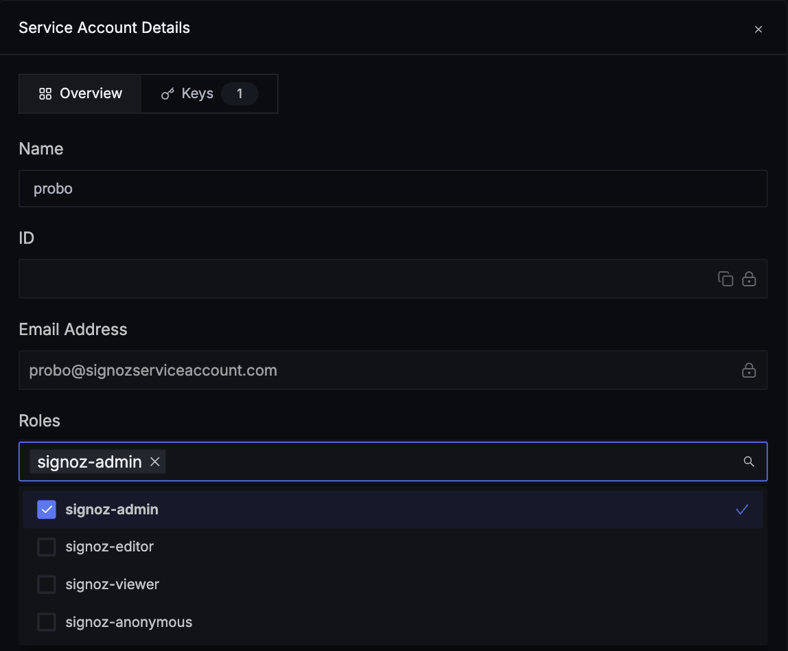 The Overview tab of a SigNoz service account, with signoz-admin selected in the Roles dropdown